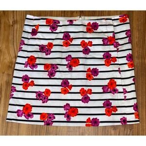 J. Crew Mini Skirt Women's Sz 4 White Black Stripes Pink /Purple Flowers Pockets